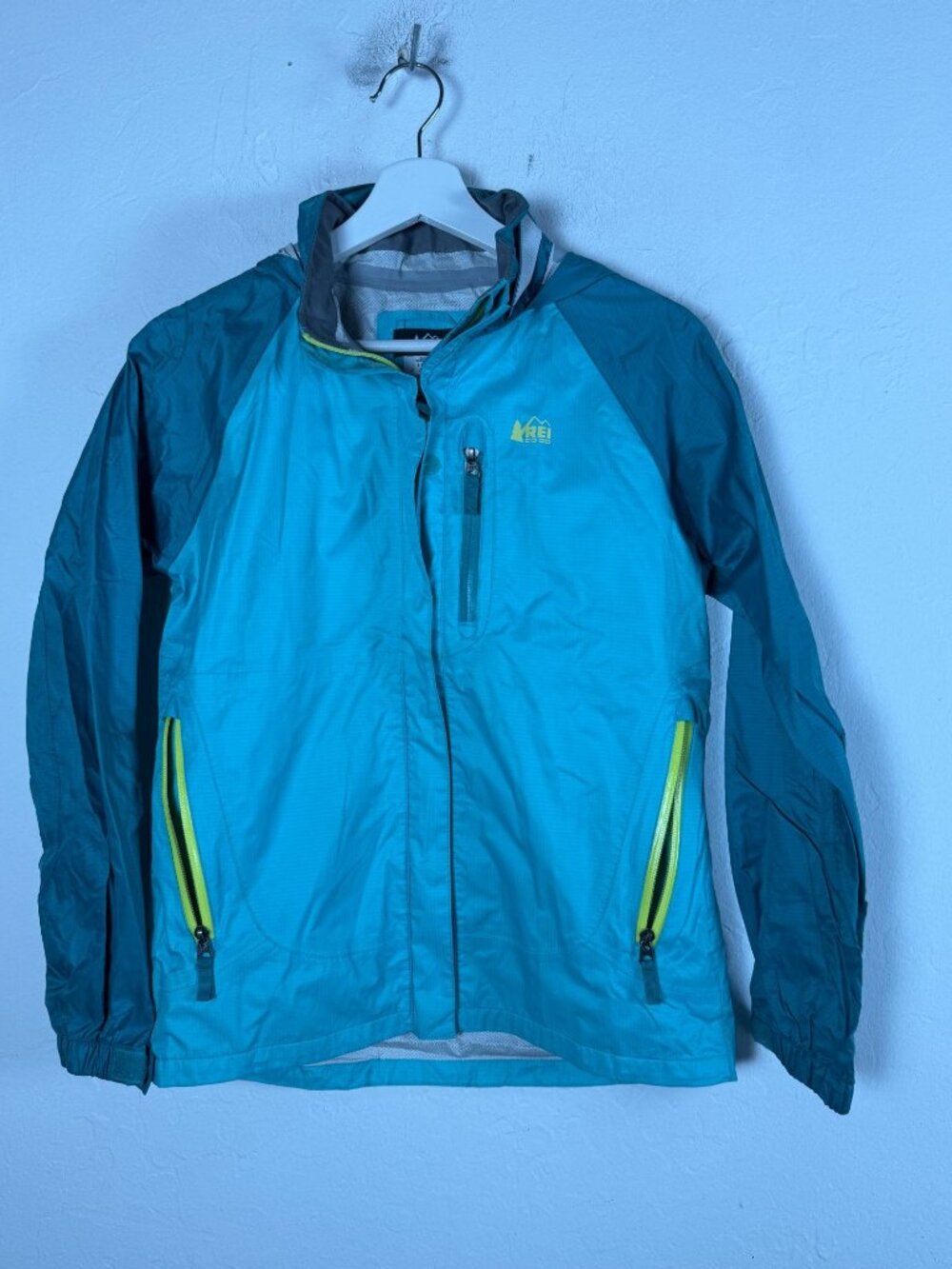REI Co-op Women's Large Colorblock Rain Jacket Teal Hooded Full Zip Windbreaker